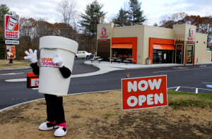 Mr Cuppy welcomes everybody to the new Dunkin' Donuts in Farmingdale owned by the Boulays.